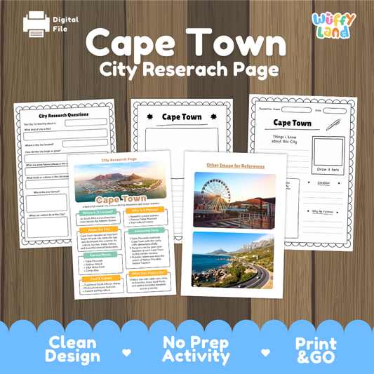 Cape Town city research page activity sheet set by Wiffy Land, featuring multiple printed worksheet pages and a reference image card displayed on a wood-textured background with a blue banner at the bottom.