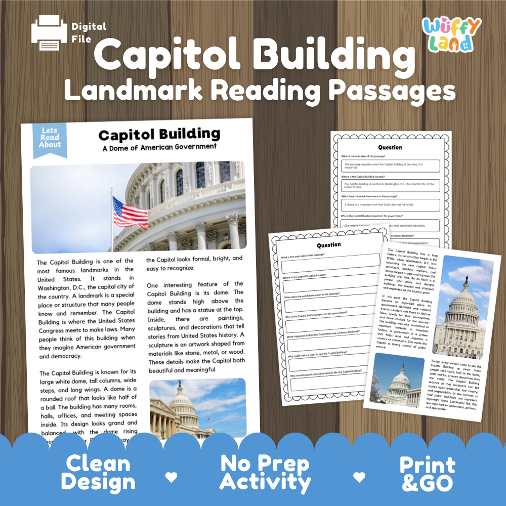 Capitol Building Landmark Reading Passages and Comprehension Questions Worksheets