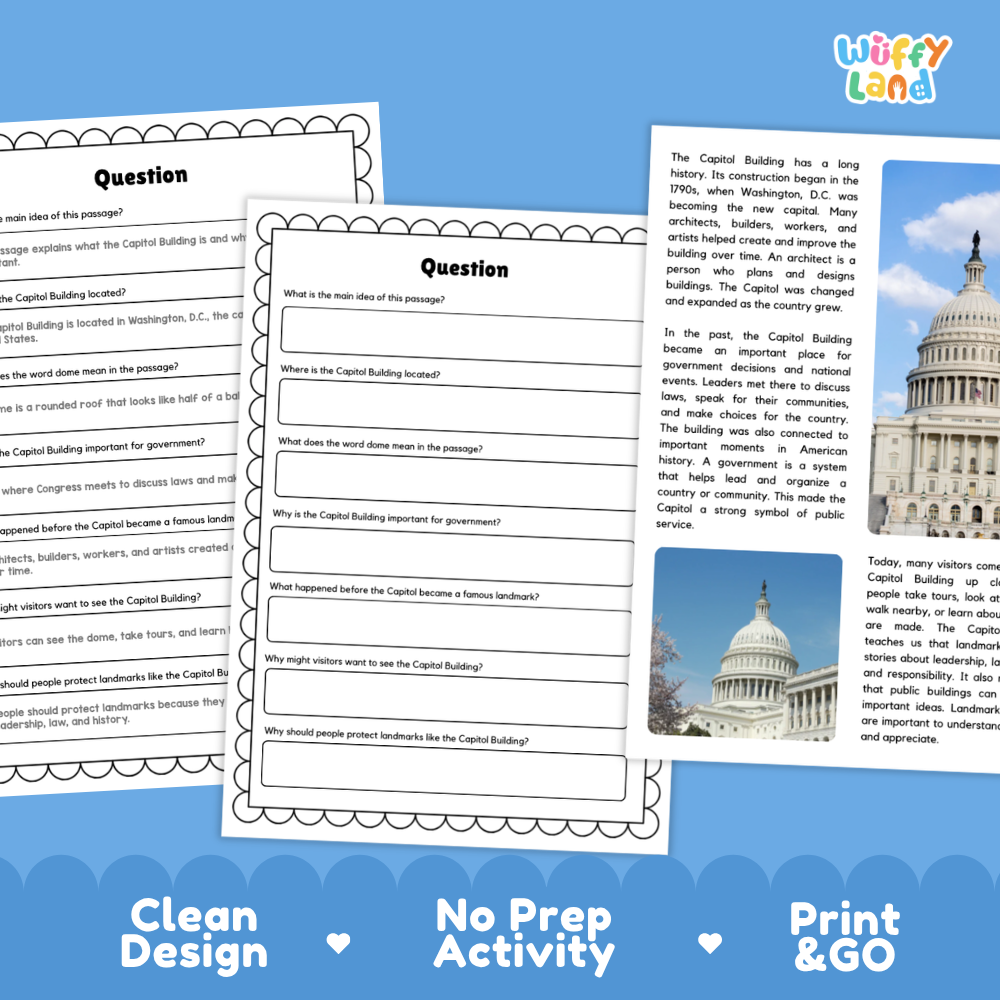 Capitol Building Landmark Reading Passages and Comprehension Questions Worksheets