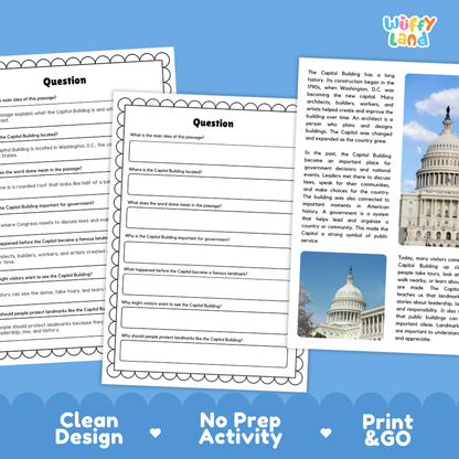 Capitol Building Landmark Reading Passages and Comprehension Questions Worksheets