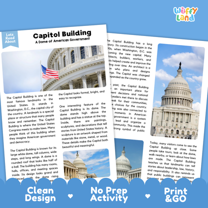 Two educational reading activity sheets about the Capitol Building, shown on a white background. The left sheet has a photo of the U.