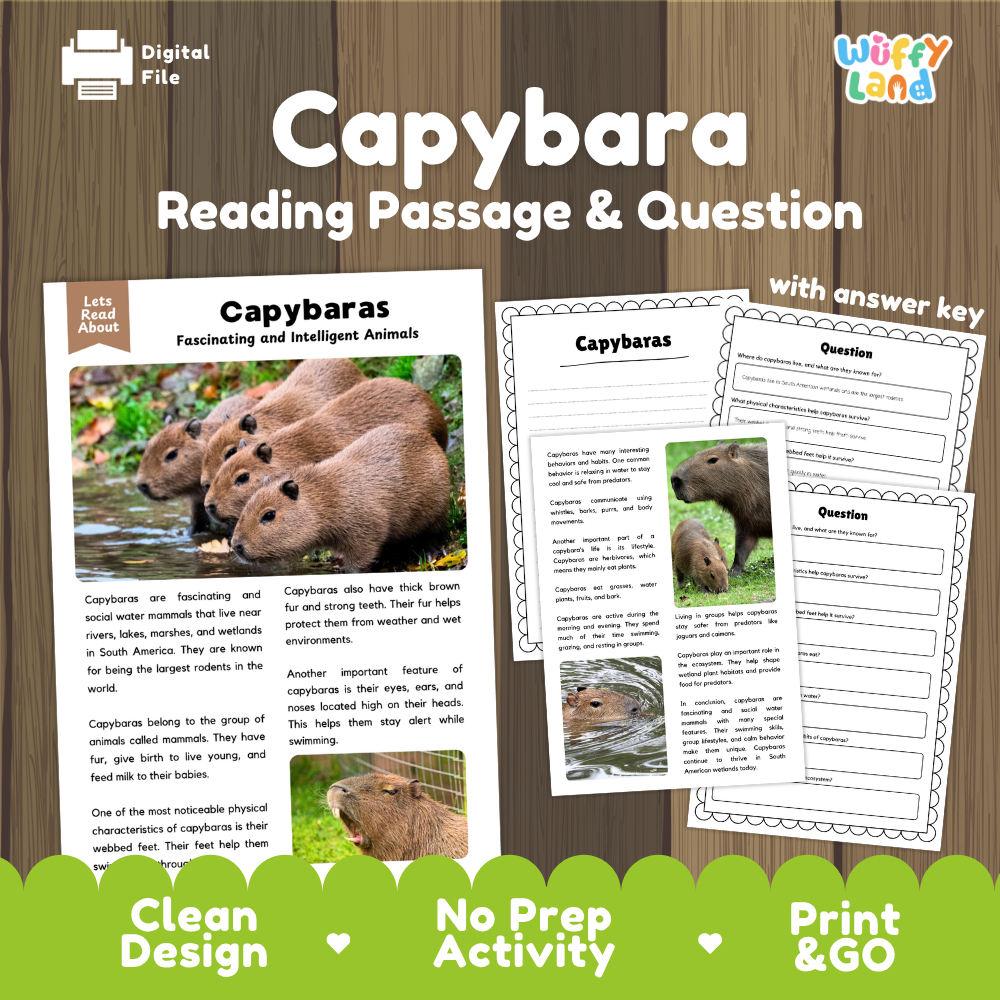 Digital reading activity bundle for 'Capybara Reading Passage & Question' by Wiffy Land, featuring a wooden background with three preview pages showing capybara images, text passages, and worksheet questions.