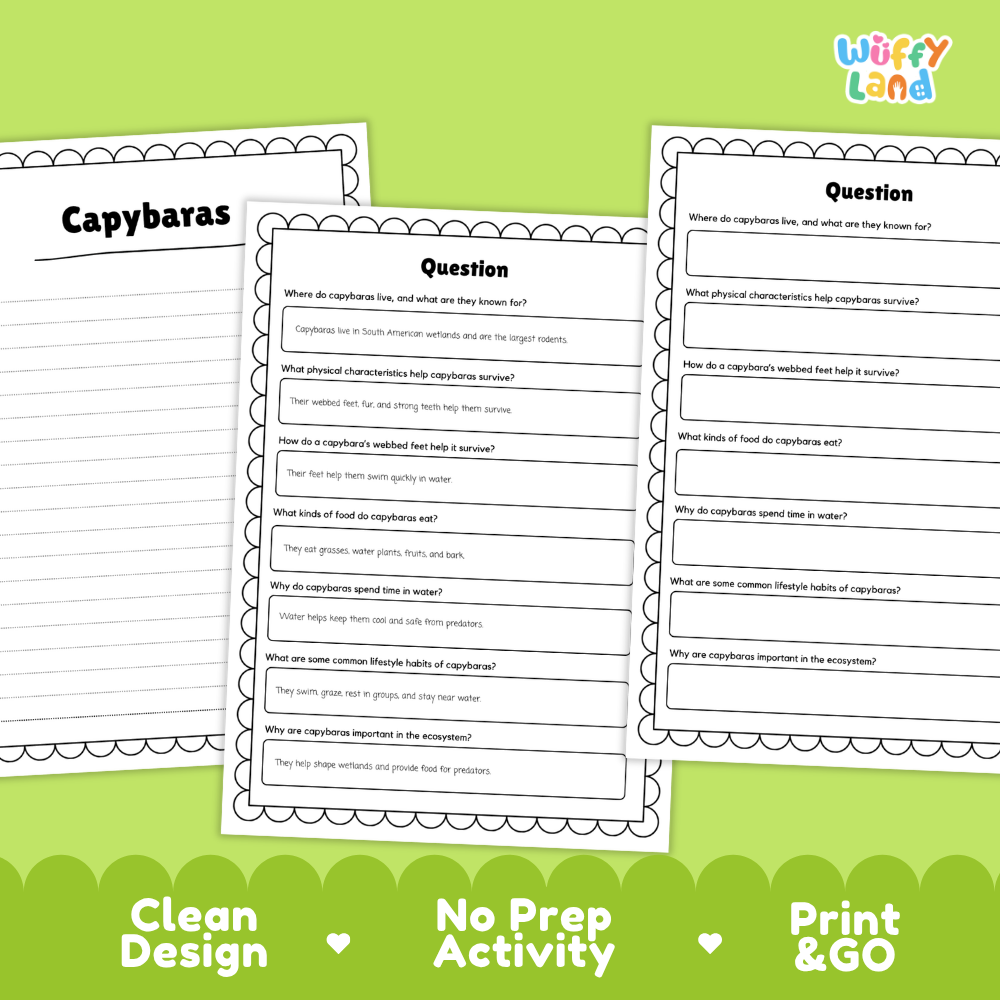 Three printable educational activity sheets for capybaras are displayed on a bright green background. The sheets include a title page and two worksheet pages with text prompts about capybaras.