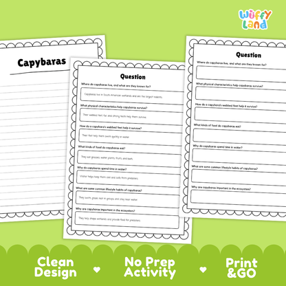 Three printable educational activity sheets for capybaras are displayed on a bright green background. The sheets include a title page and two worksheet pages with text prompts about capybaras.