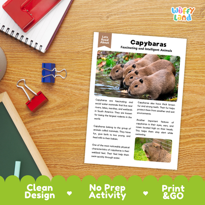 An educational activity sheet about capybaras laid on a wooden desk, surrounded by school supplies like a red notebook, binder clips, and a pencil. The sheet has text and photos of capybaras and reads 'Capybaras Fascinating and Intelligent Animals.