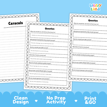Three printable worksheet pages about caracals are shown on a blue promotional background. The pages have black text and lined writing areas, with the center sheet titled 'Question' and the left sheet titled 'Caracals.