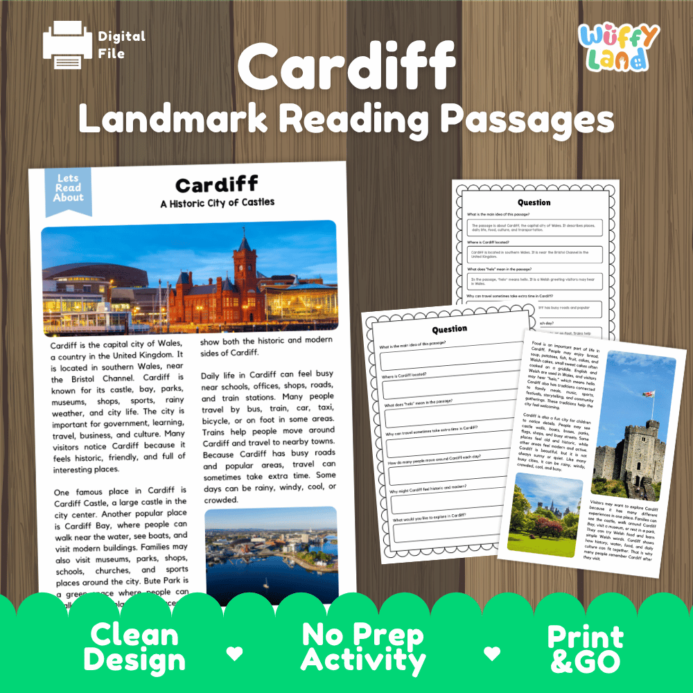 Cardiff landmark reading passage and comprehension worksheet educational unit featuring nonfiction text and authentic Cardiff Wales castle and city photography