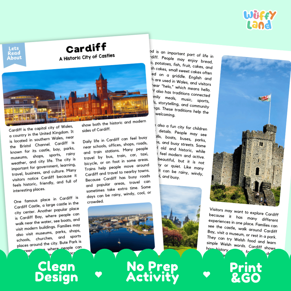 Reference sheet and answer key for Cardiff landmark reading passage displaying completed comprehension answers and United Kingdom geography facts