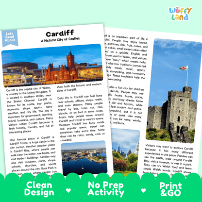 Reference sheet and answer key for Cardiff landmark reading passage displaying completed comprehension answers and United Kingdom geography facts