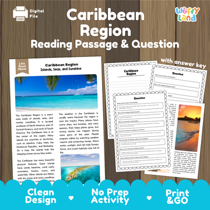 Caribbean Region reading comprehension passage and questions printable activity pack with answer key for elementary students