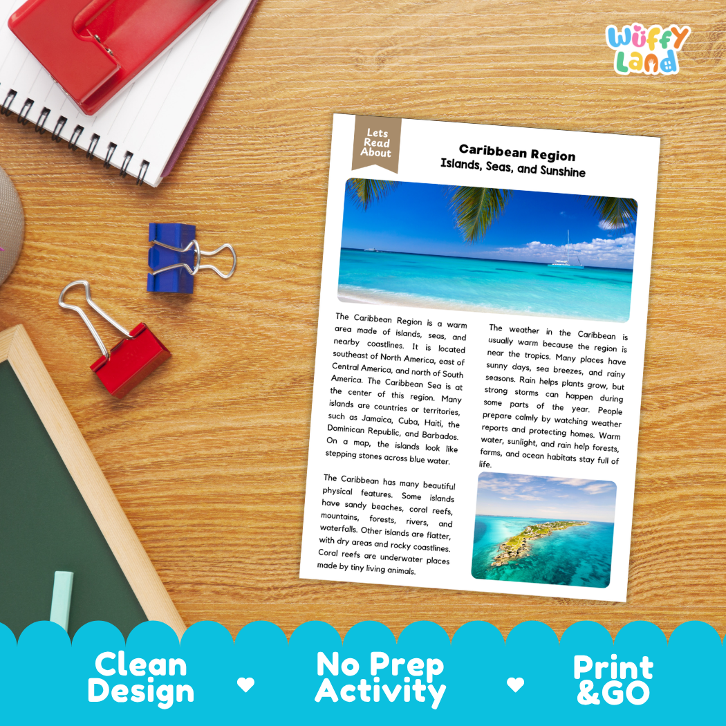 Student reading comprehension worksheet with short-answer questions and lined sections about the Caribbean region