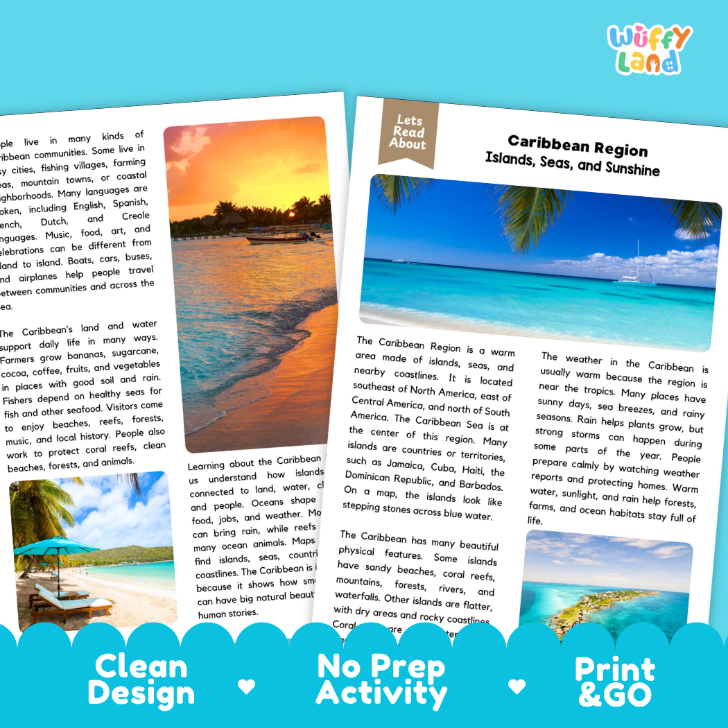 Teacher answer key page showing complete question solutions for Caribbean region social studies reading comprehension practice