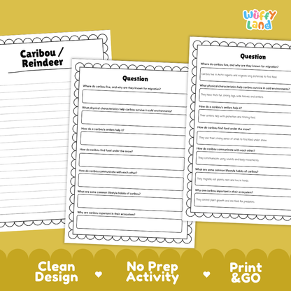 Three printable worksheet pages for a caribou/reindeer activity are shown on a yellow background with decorative text reading 'Clean Design', 'No Prep Activity', and 'Print & GO'. The top-right corner includes the 'Wiffly Land' brand logo.