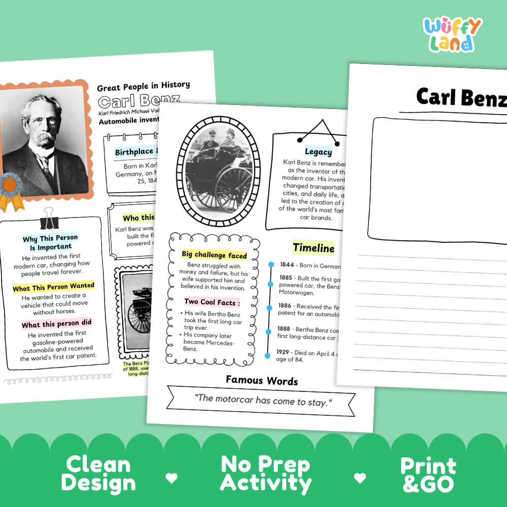 Two educational poster sheets about Carl Benz, one with a dark green header and one with a white header, displayed on a light gray background with promotional text 'Clean Design', 'No Prep Activity', and 'Print & GO'.