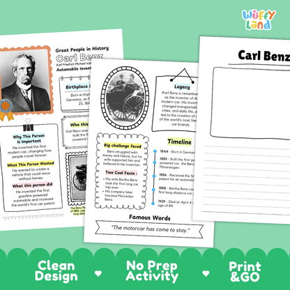 Two educational poster sheets about Carl Benz, one with a dark green header and one with a white header, displayed on a light gray background with promotional text 'Clean Design', 'No Prep Activity', and 'Print & GO'.