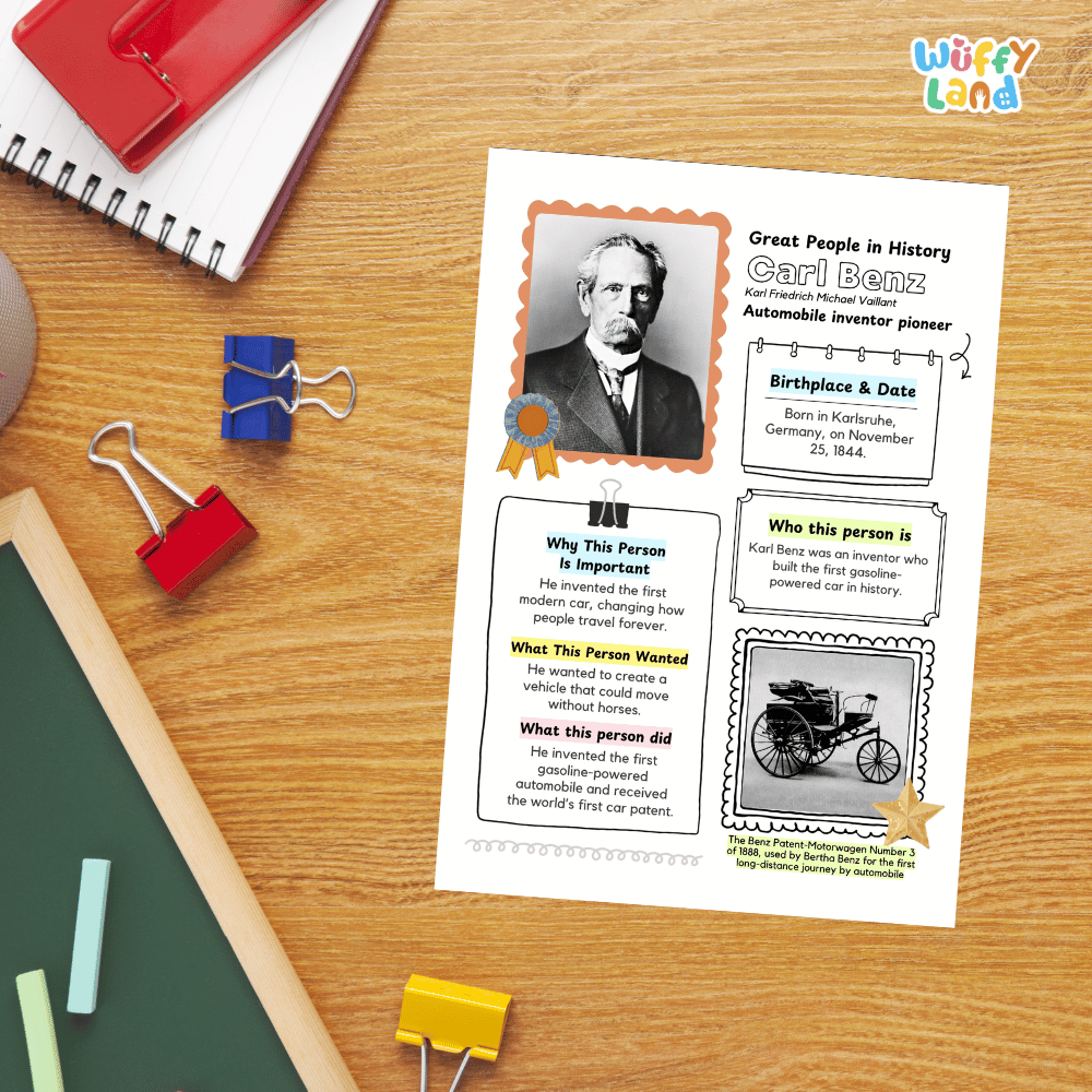 A flat-lay of a white educational worksheet titled 'Great People in History: Carl Benz' styled on a wooden desk with colorful office supplies including a spiral notebook, binder clips, and a green chalkboard.