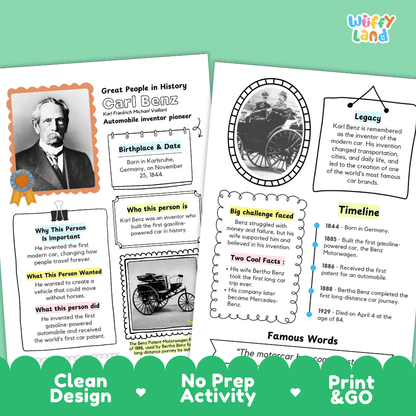 Two educational activity sheets for learning about automotive inventor Karl Benz, featuring clean black text, diagrams, and a circular timeline on a white background with colorful 'Wiffly Land' branding.