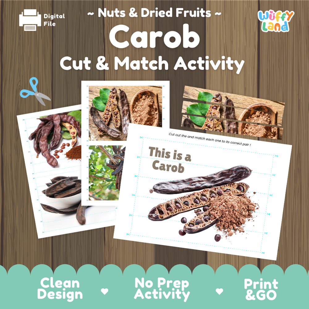 Carob cut and match activity cover showing printable fine motor puzzle sheets and plant photographs