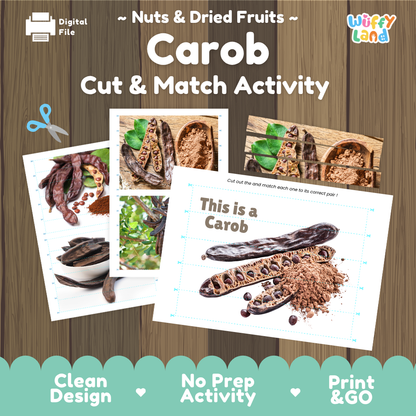 Carob cut and match activity cover showing printable fine motor puzzle sheets and plant photographs