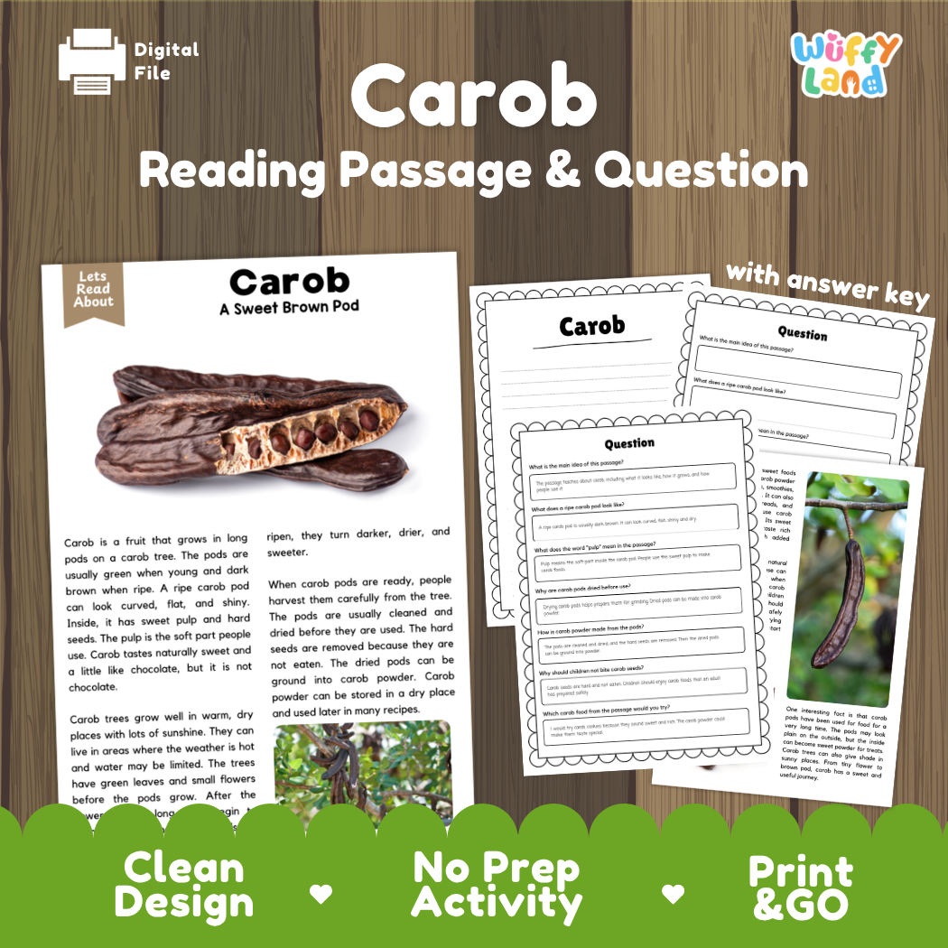 Carob reading comprehension passage and questions printable activity pack with answer key for elementary students