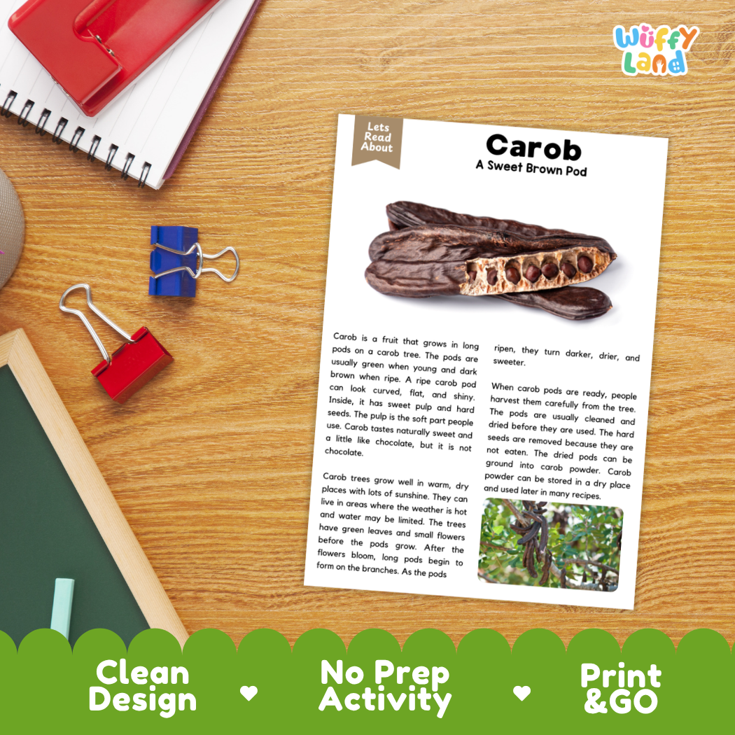 Student reading comprehension worksheet with short-answer questions and lined sections about the carob pod fruit
