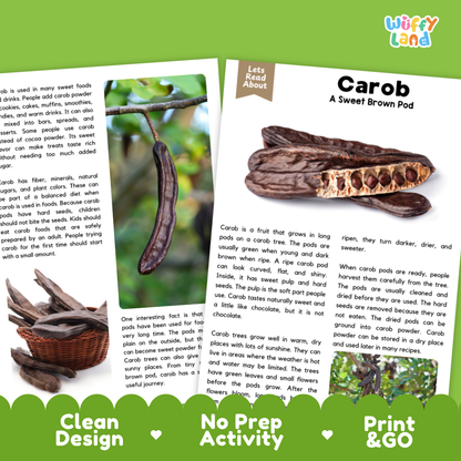 Teacher answer key page showing complete question solutions for Carob nature and science reading comprehension practice