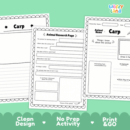 Carp Animal Research Page and Worksheets