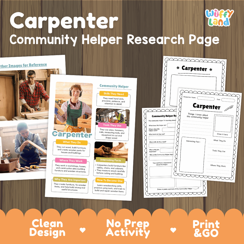 Carpenter community helper research page writing worksheets pack featuring real photos and student activity pages for elementary social studies and trade careers