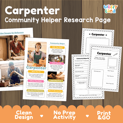 Carpenter community helper research page writing worksheets pack featuring real photos and student activity pages for elementary social studies and trade careers