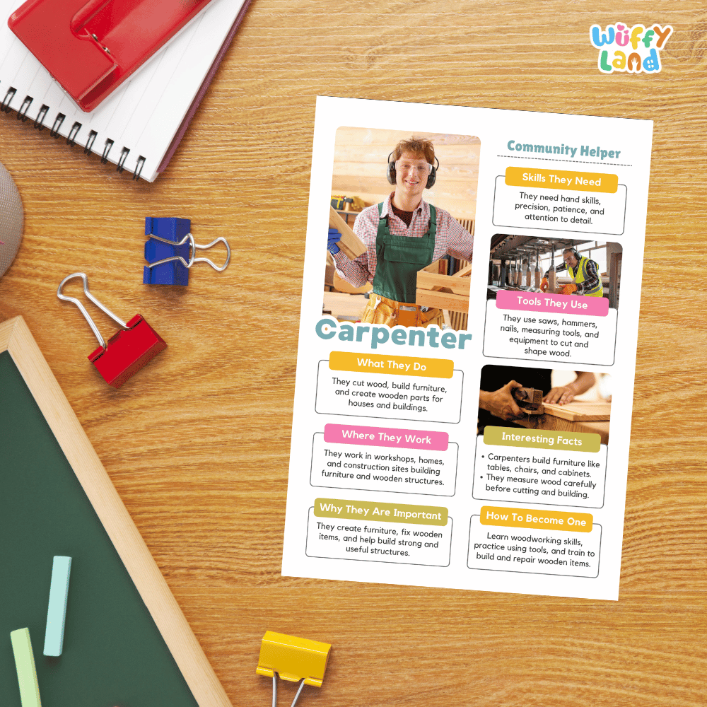 Guided student writing worksheets with lined sections for recording facts and a dedicated box for drawing or pasting a picture of a carpenter