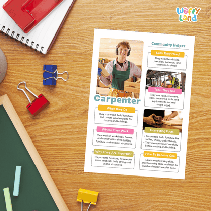 Guided student writing worksheets with lined sections for recording facts and a dedicated box for drawing or pasting a picture of a carpenter