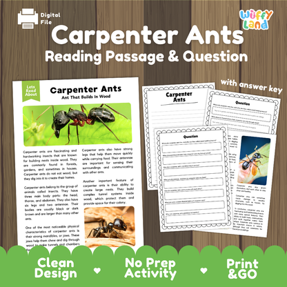 Digital reading activity product for 'Carpenter Ants' featuring a reading passage, comprehension questions, and an answer key, presented on a wood-grain background with promotional badges.
