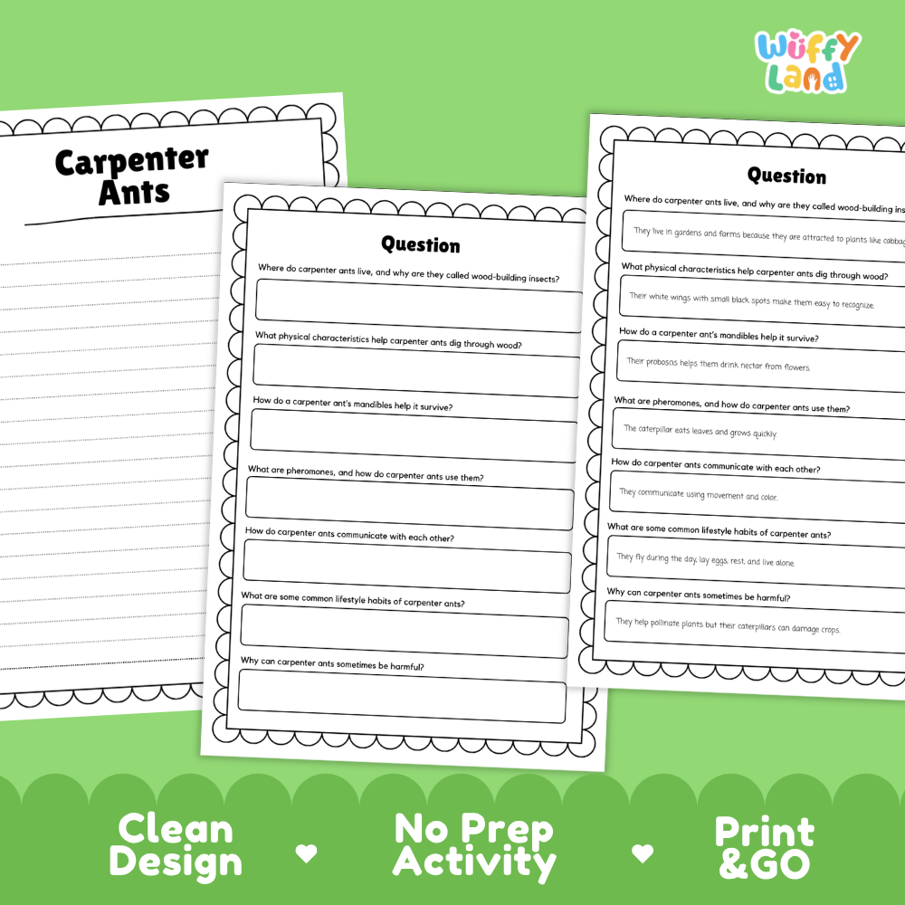 Three printable worksheet pages for a carpenter ant activity are shown on a bright green background with marketing text reading 'Clean Design', 'No Prep Activity', and 'Print & GO'. The worksheets have black text and lined writing areas with decorative scalloped borders.