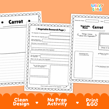 Carrot Vegetable Research Project Worksheets and Fact Sheet