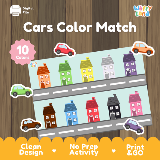 Cars color match printable city street and house color sorting activity pack overview from Wuffy Land featuring 10 colors 🚗🏠