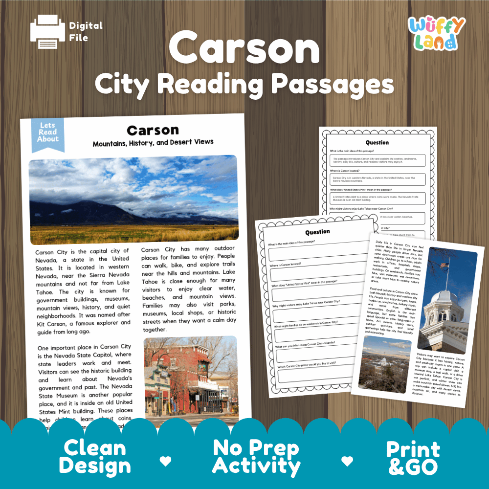 Carson City reading passages and comprehension worksheet educational unit featuring nonfiction text and authentic Carson City Nevada mountain valley photography