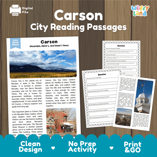 Carson City reading passages and comprehension worksheet educational unit featuring nonfiction text and authentic Carson City Nevada mountain valley photography