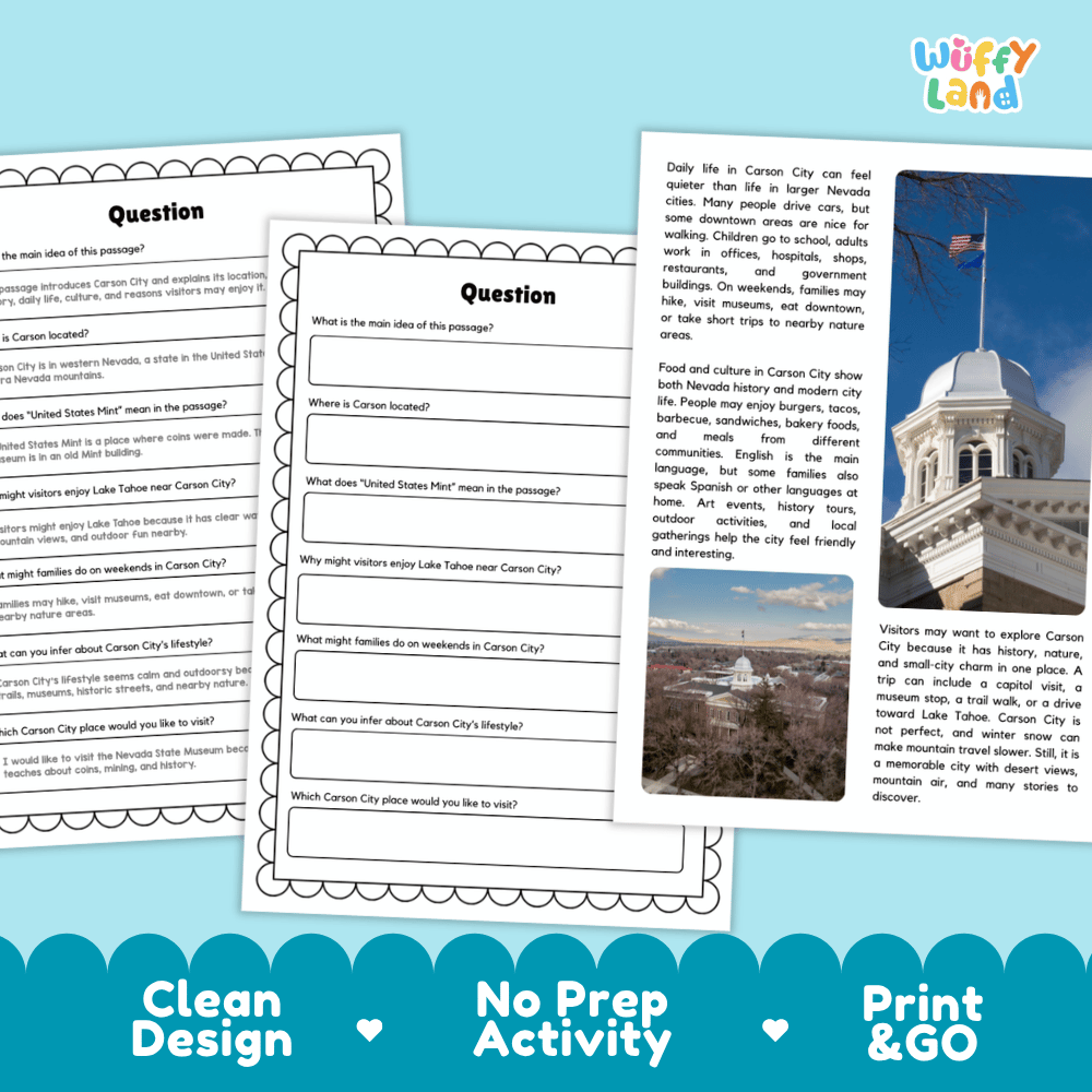 Lined reading comprehension question worksheet covering main ideas vocabulary terms Lake Tahoe facts and mountain lifestyle in Carson City Nevada