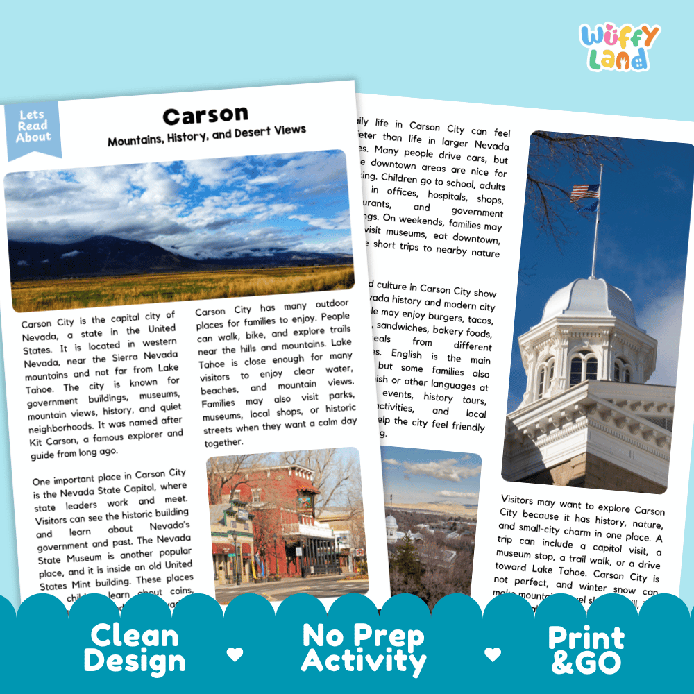 Reference sheet and answer key for Carson City landmark reading passage displaying completed comprehension answers and United States geography facts