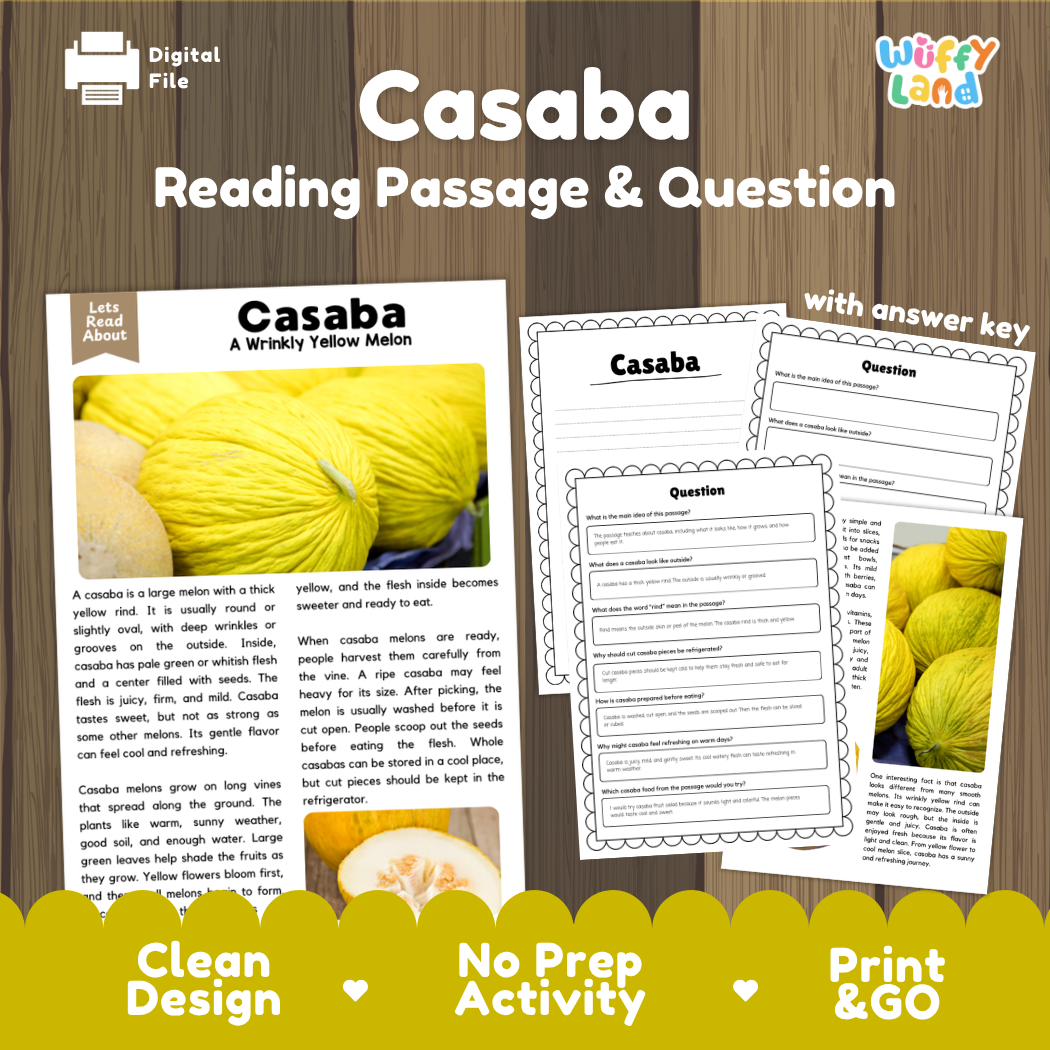 Casaba reading comprehension passage and questions printable activity pack with answer key for elementary students