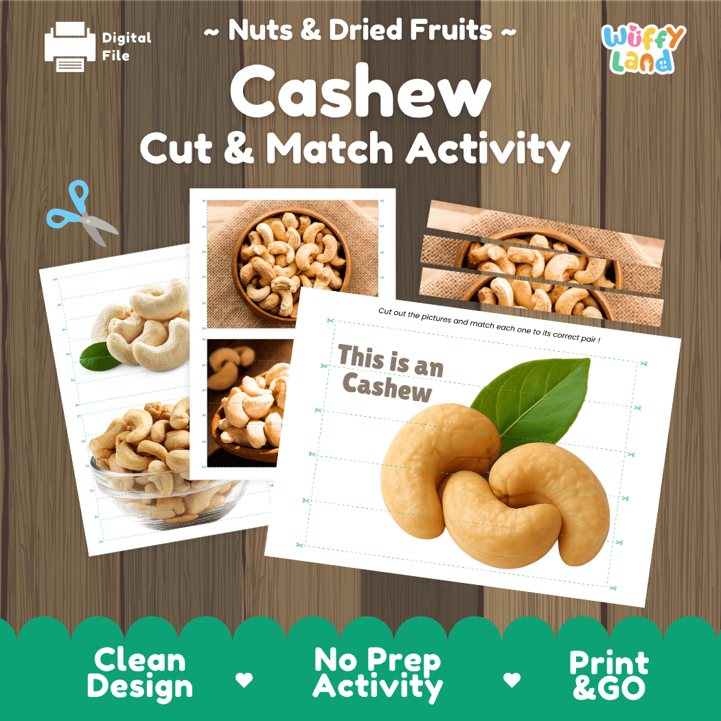 Cashew Cut and Match Activity Worksheets | Nuts and Dried Fruits Puzzle Printables