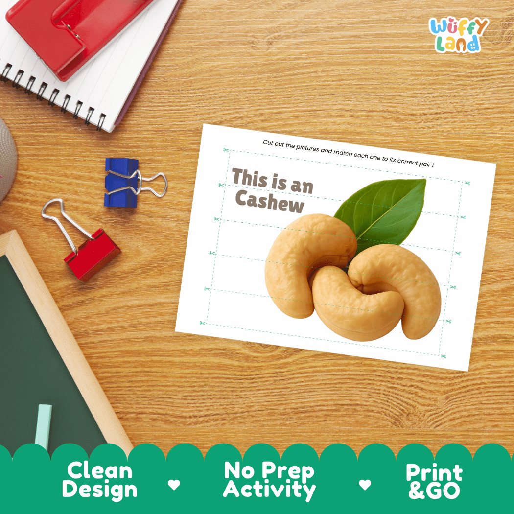 Cashew Cut and Match Activity Worksheets | Nuts and Dried Fruits Puzzle Printables