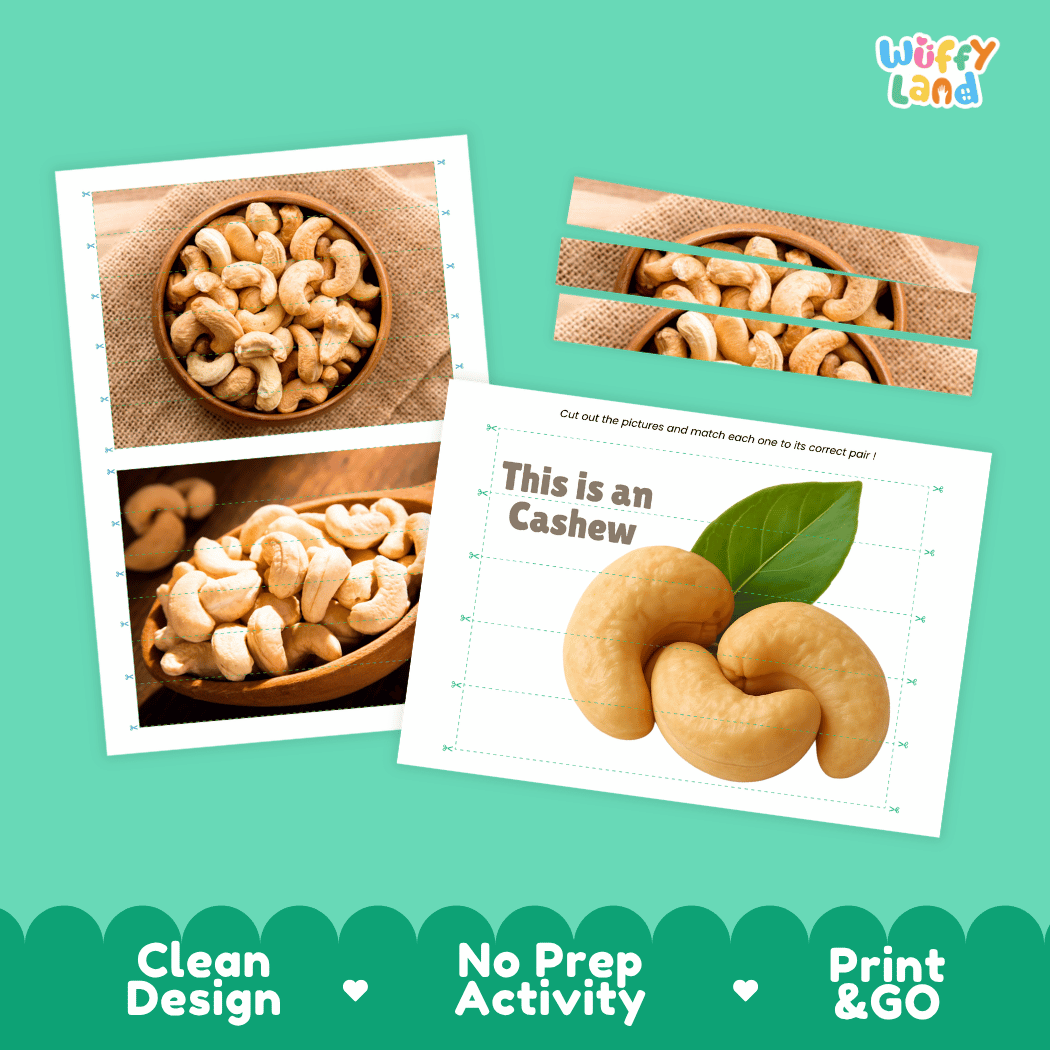 Cashew Cut and Match Activity Worksheets | Nuts and Dried Fruits Puzzle Printables