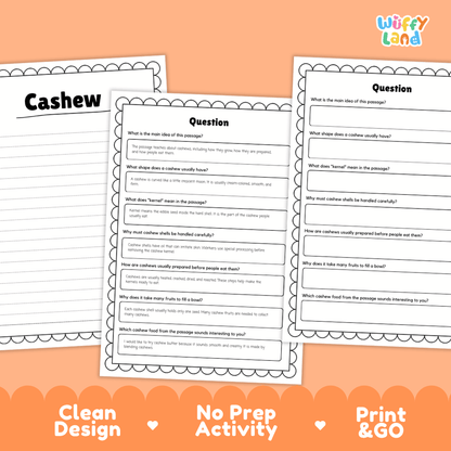 Three printable worksheet pages about the cashew shown on an orange background with promotional text reading 'Clean Design', 'No Prep Activity', and 'Print & GO'. The worksheets have a white page background with black text and bordered sections, and the brand name 'Wiffi Land' appears in the top right.