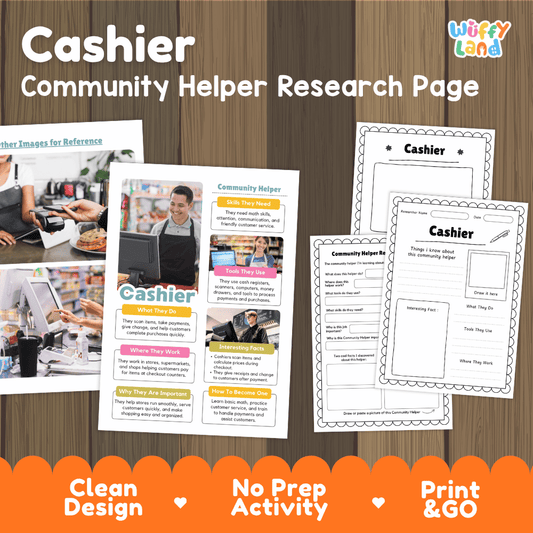 Cashier community helper research page writing worksheets pack featuring real photos and student activity pages for elementary social studies and practical math