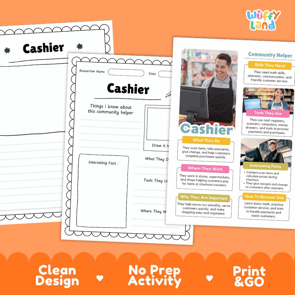 Educational reference poster with real photography showing cashier duties, cash register and scanner tools, store workplace, and interesting career facts