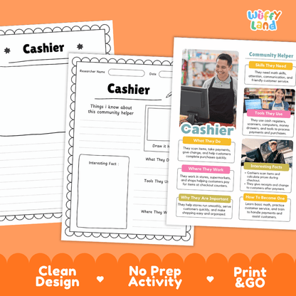 Educational reference poster with real photography showing cashier duties, cash register and scanner tools, store workplace, and interesting career facts