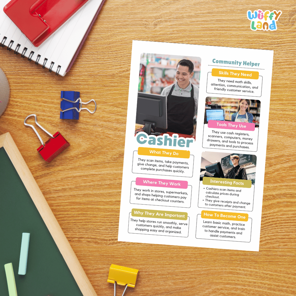 Guided student writing worksheets with lined sections for recording facts and a dedicated box for drawing or pasting a picture of a cashier