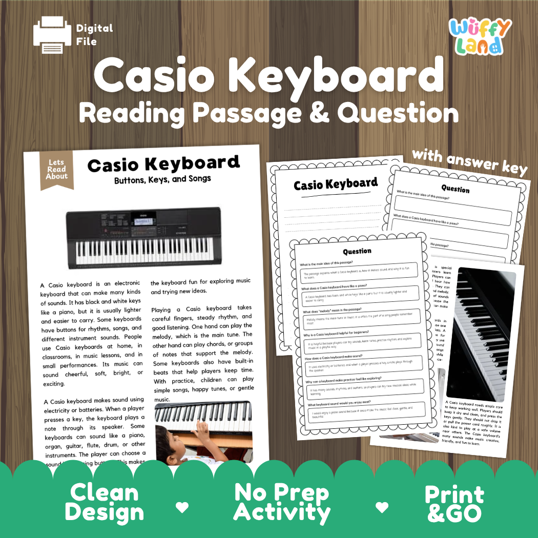 Casio Keyboard reading comprehension passage and questions printable activity pack with answer key for elementary students