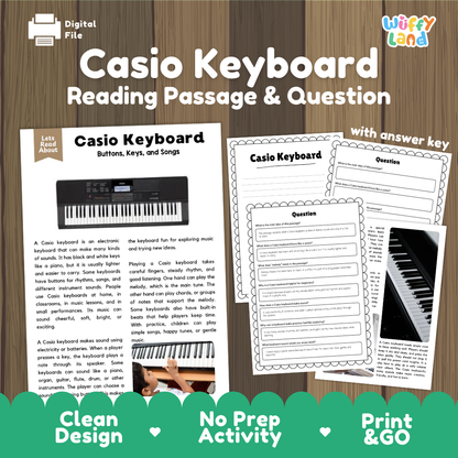 Casio Keyboard reading comprehension passage and questions printable activity pack with answer key for elementary students